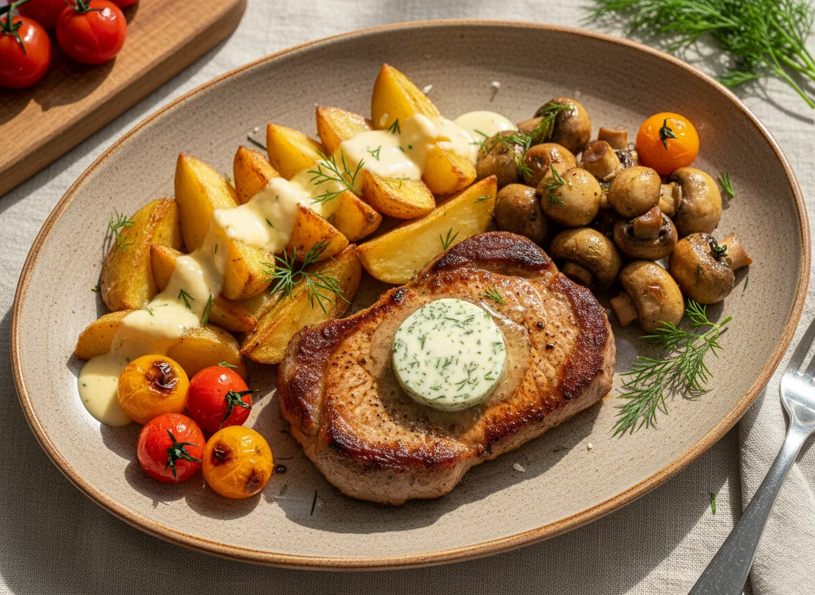 Стейк с жареным картофелем, грибами и томатами черри photo