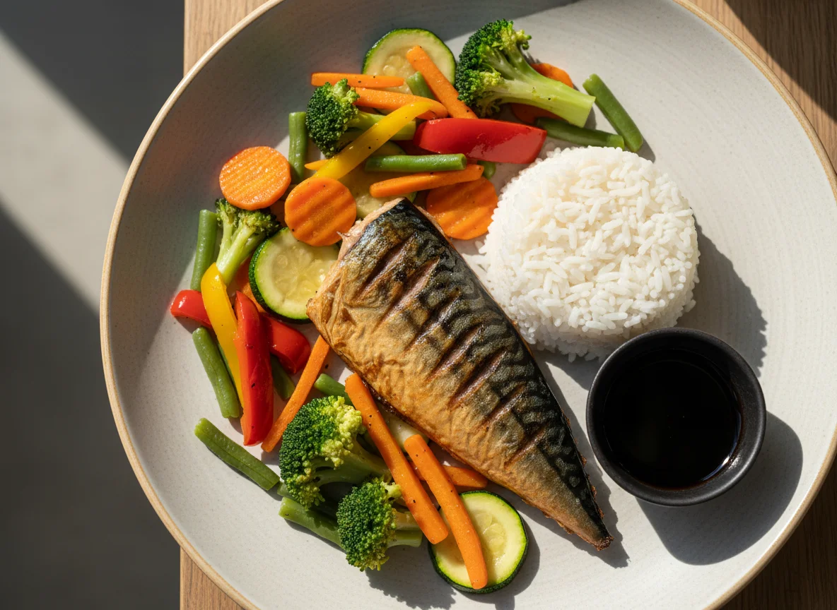 Стейк скумбрії з рисом та овочами photo