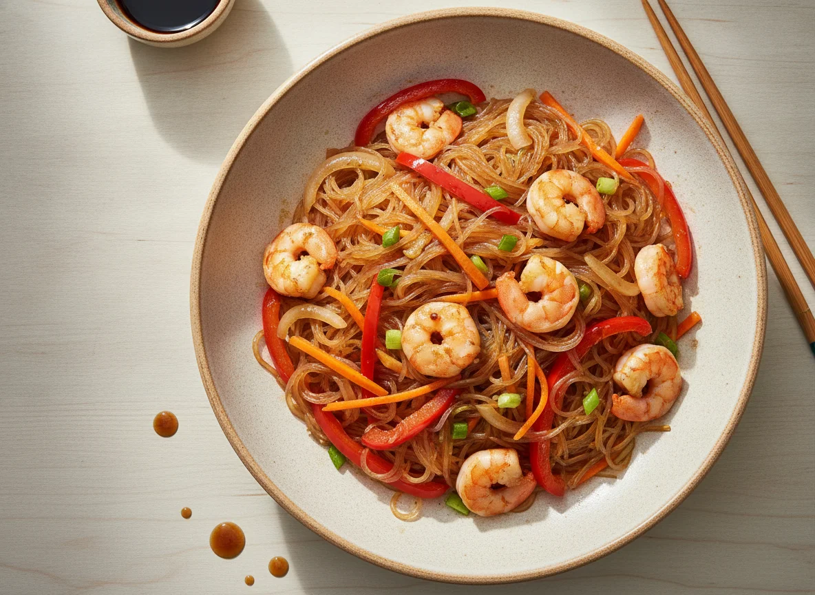 Стеклянная лапша с креветками и овощами photo