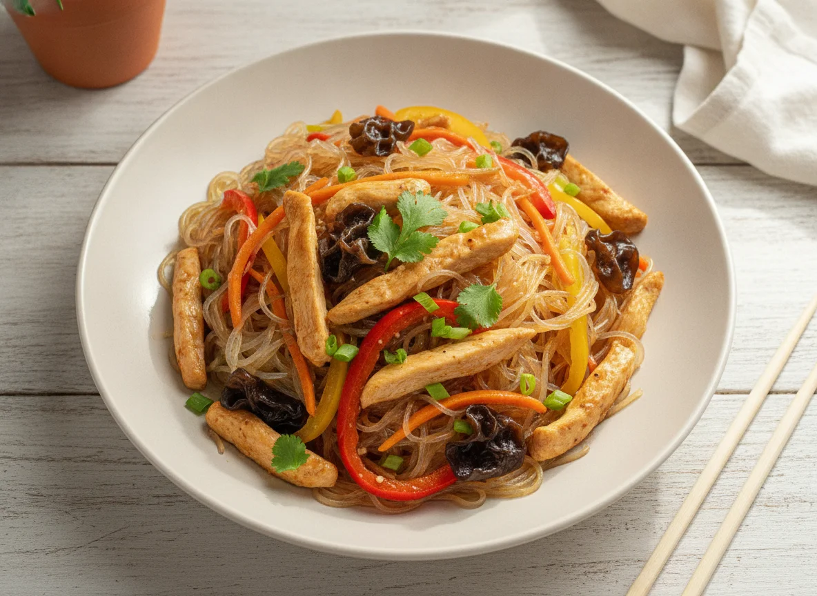 Стеклянная лапша с курицей и овощами photo