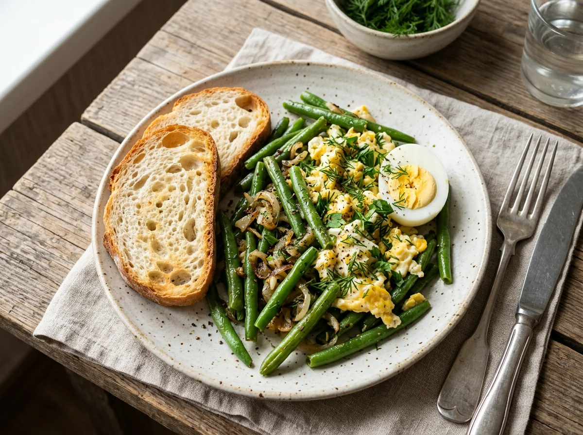 Стручковая фасоль с яйцом и хлебом photo