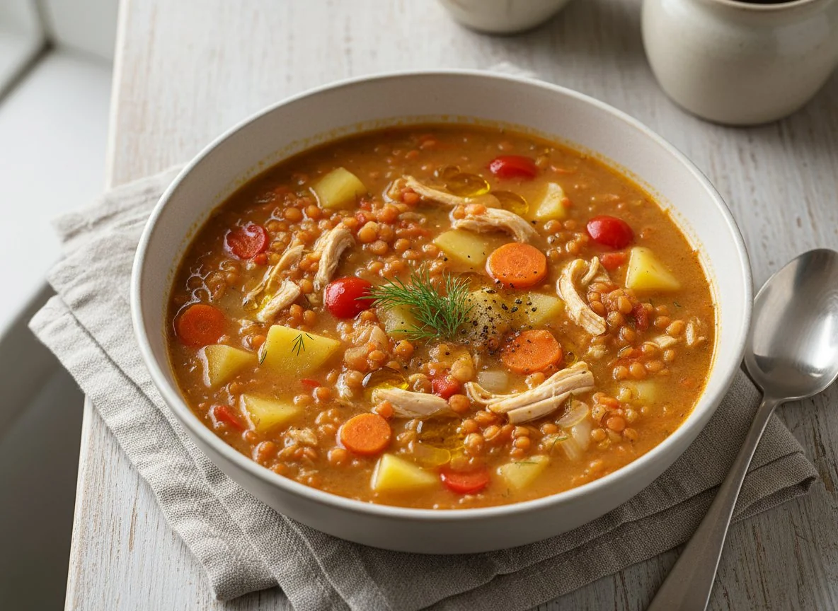 Суп из чечевицы с картофелем и курицей photo