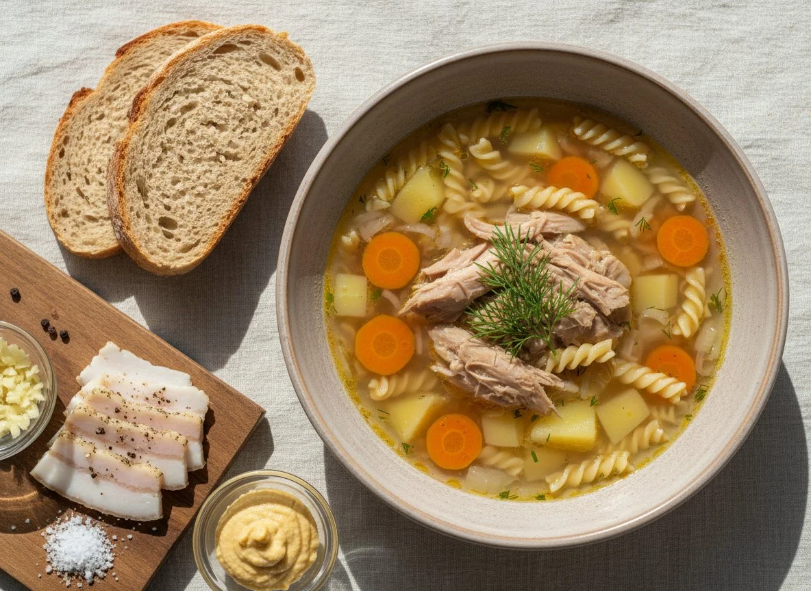 Суп из кролика с лапшой и овощами, безглютеновый хлеб и сало photo