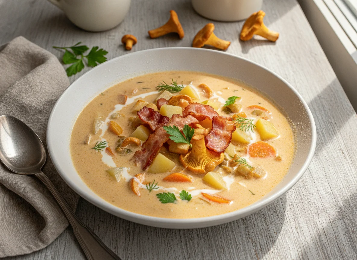 Суп с беконом и лисичками на сливках photo