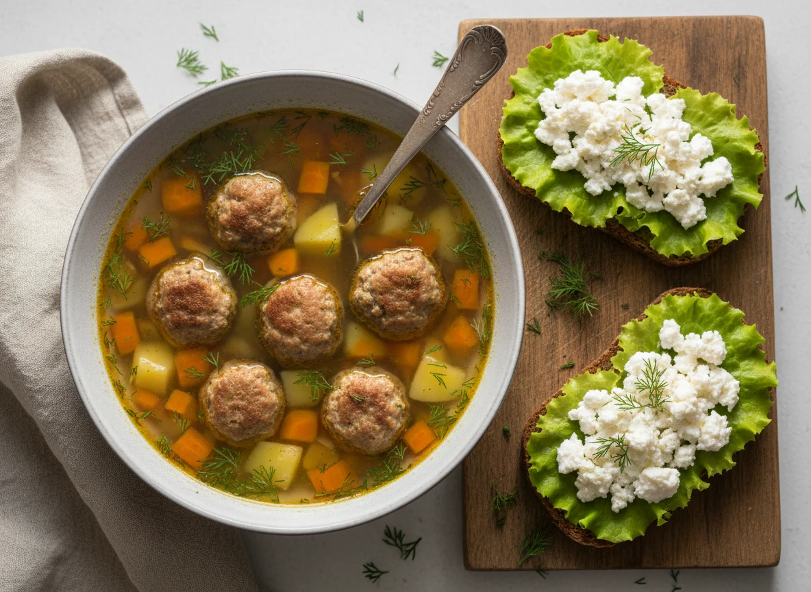 Суп с фрикадельками и бутерброды с сыром photo