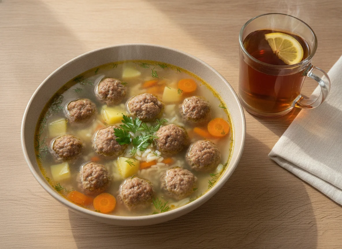 Суп с фрикадельками и чай photo