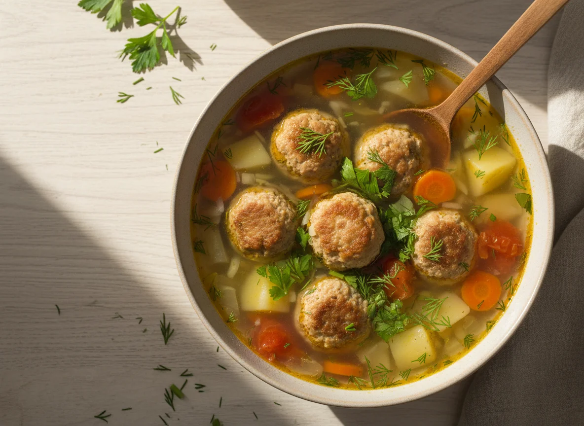 Суп с фрикадельками и зеленью photo
