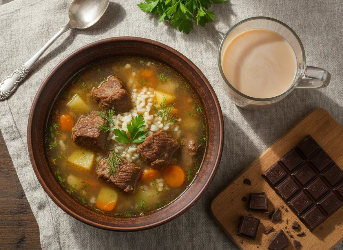 Суп с говядиной и рисом, чай с молоком, шоколад photo