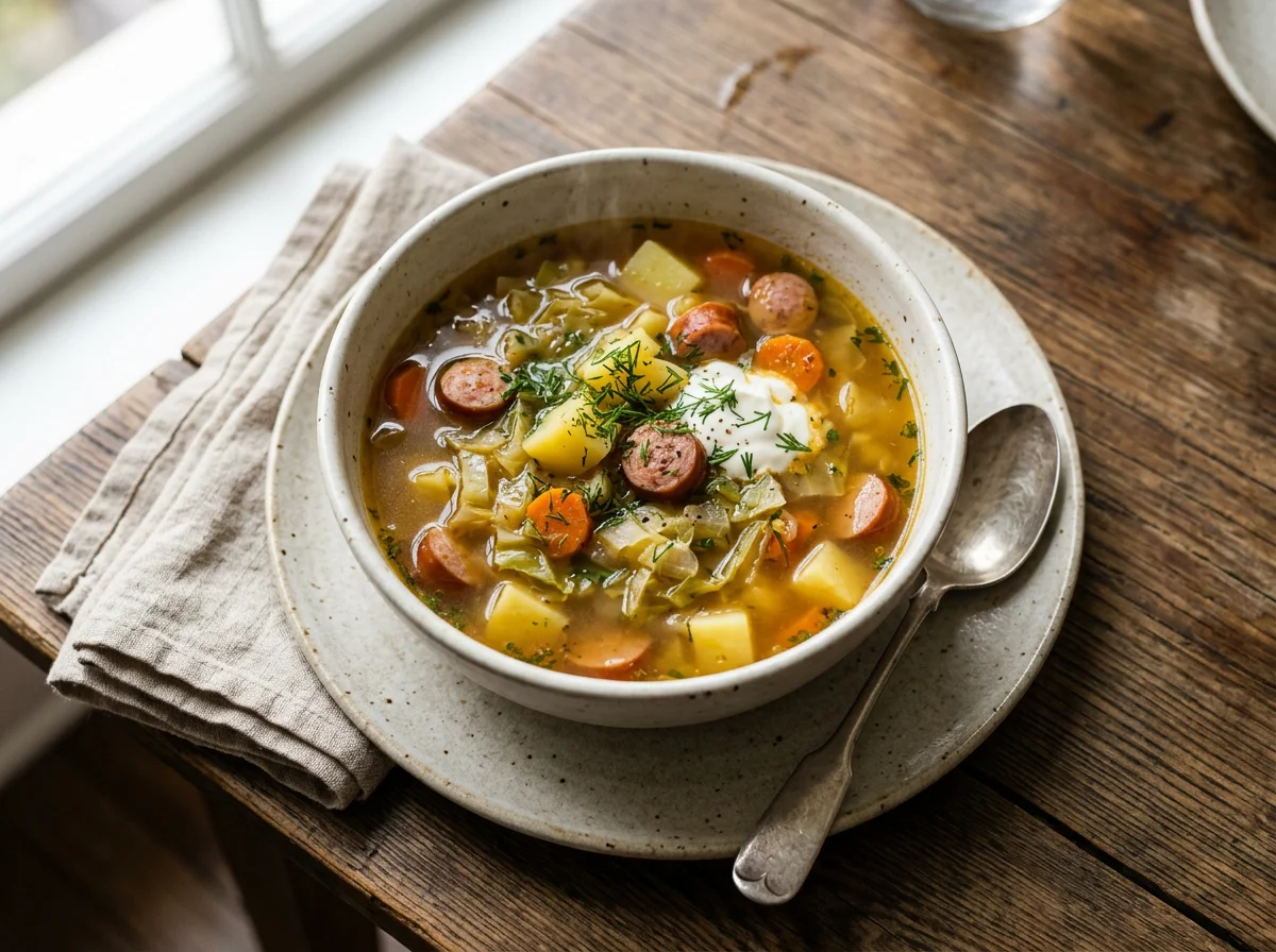 Суп с капустой, картофелем и сосисками photo