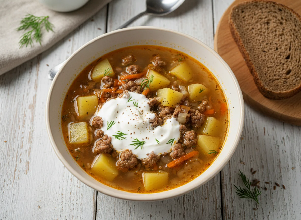 Суп с картофелем, фаршем и сметаной с кусочком бородинского хлеба photo