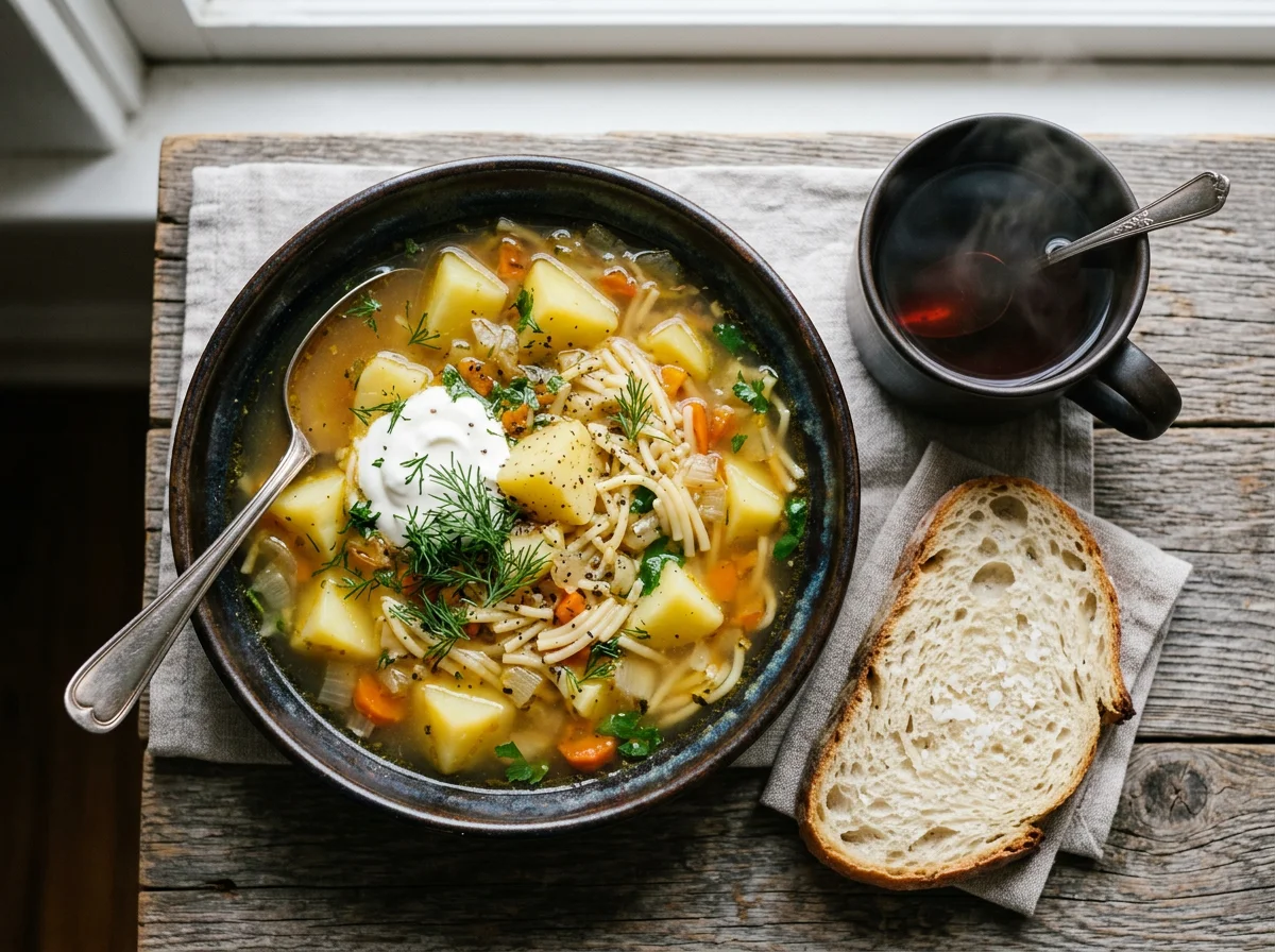 Суп с картофелем и хлебом photo