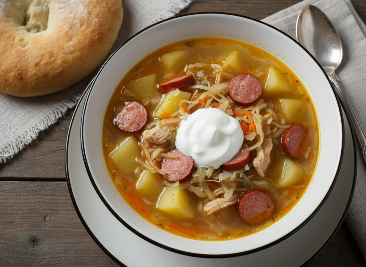 Суп с картофелем, капустой и сметаной с хлебом photo