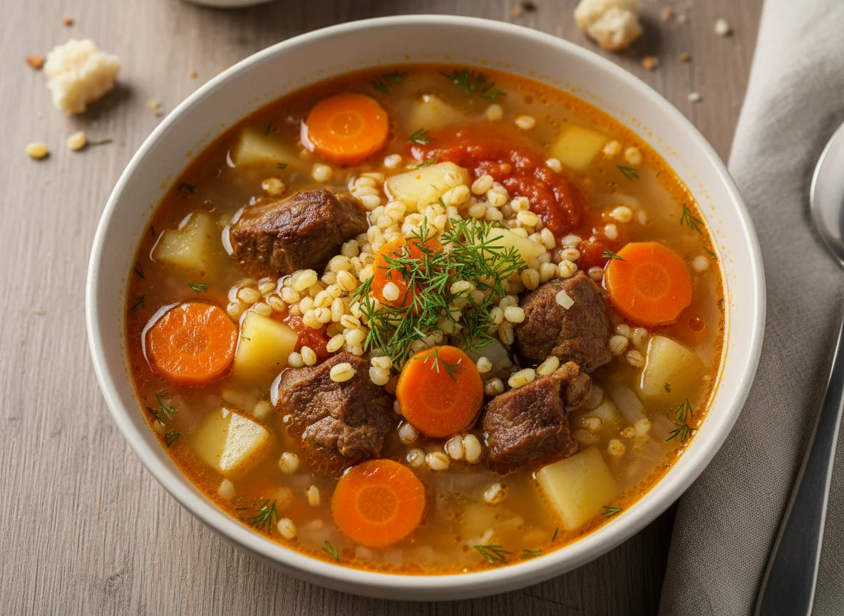 Суп с картофелем, морковью, булгуром и мясом photo