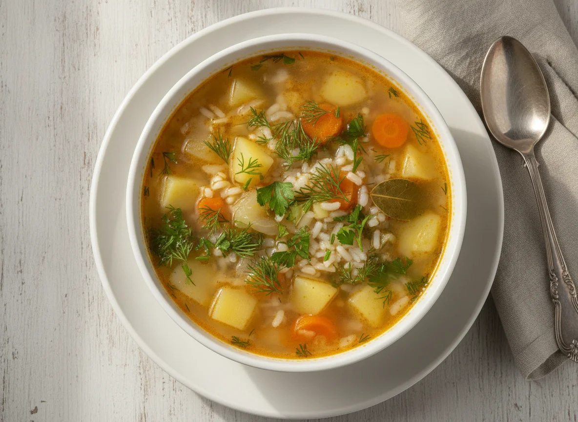 Суп с картофелем, рисом и зеленью photo