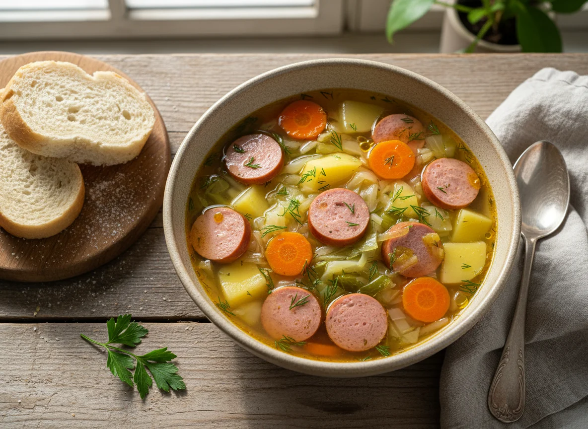 Суп с колбасой и овощами photo