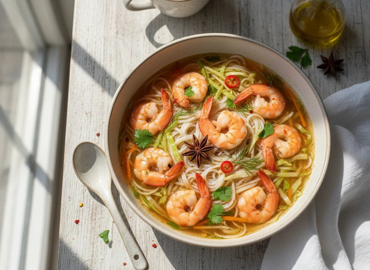 Суп с креветками и лапшой photo