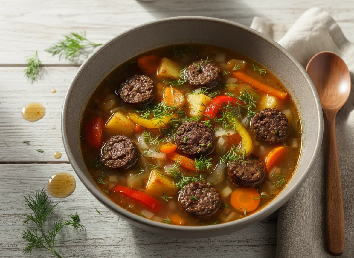 Суп с кровяной колбасой и овощами photo