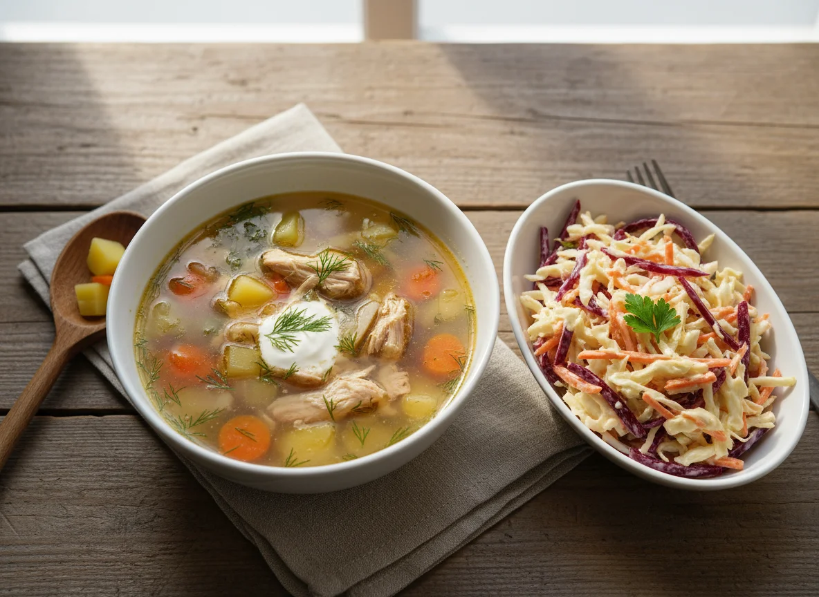 Суп с курицей и овощами и салат из капусты с морковью photo