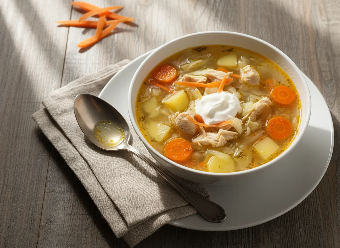 Суп с курицей и овощами со сметаной и морковью photo