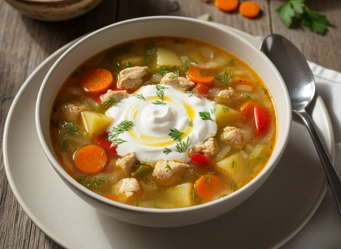 Суп с курицей и овощами со сметаной photo