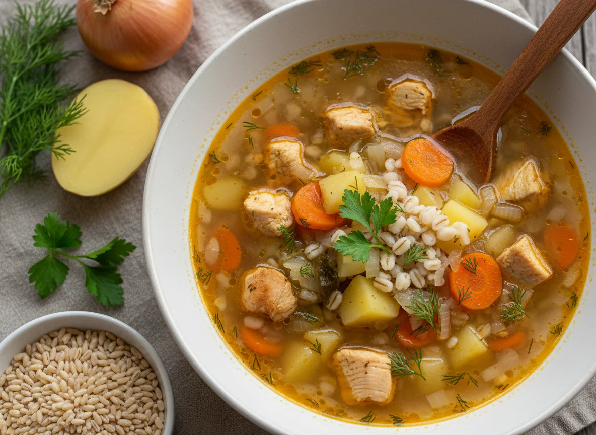 Суп с курицей, картофелем и крупой photo