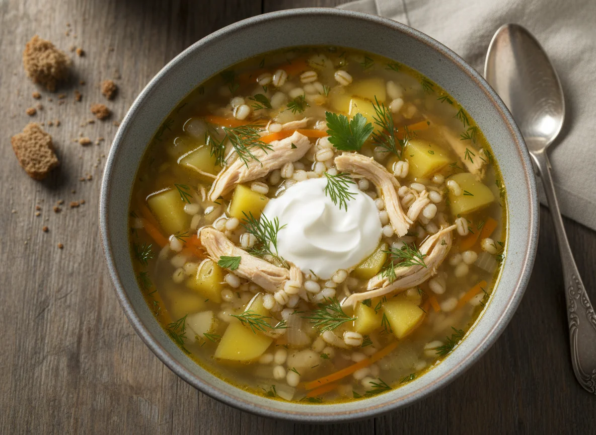 Суп с курицей, картофелем и перловкой photo