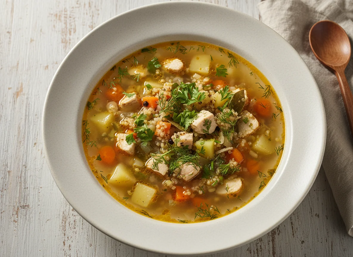 Суп с курицей, киноа и овощами photo