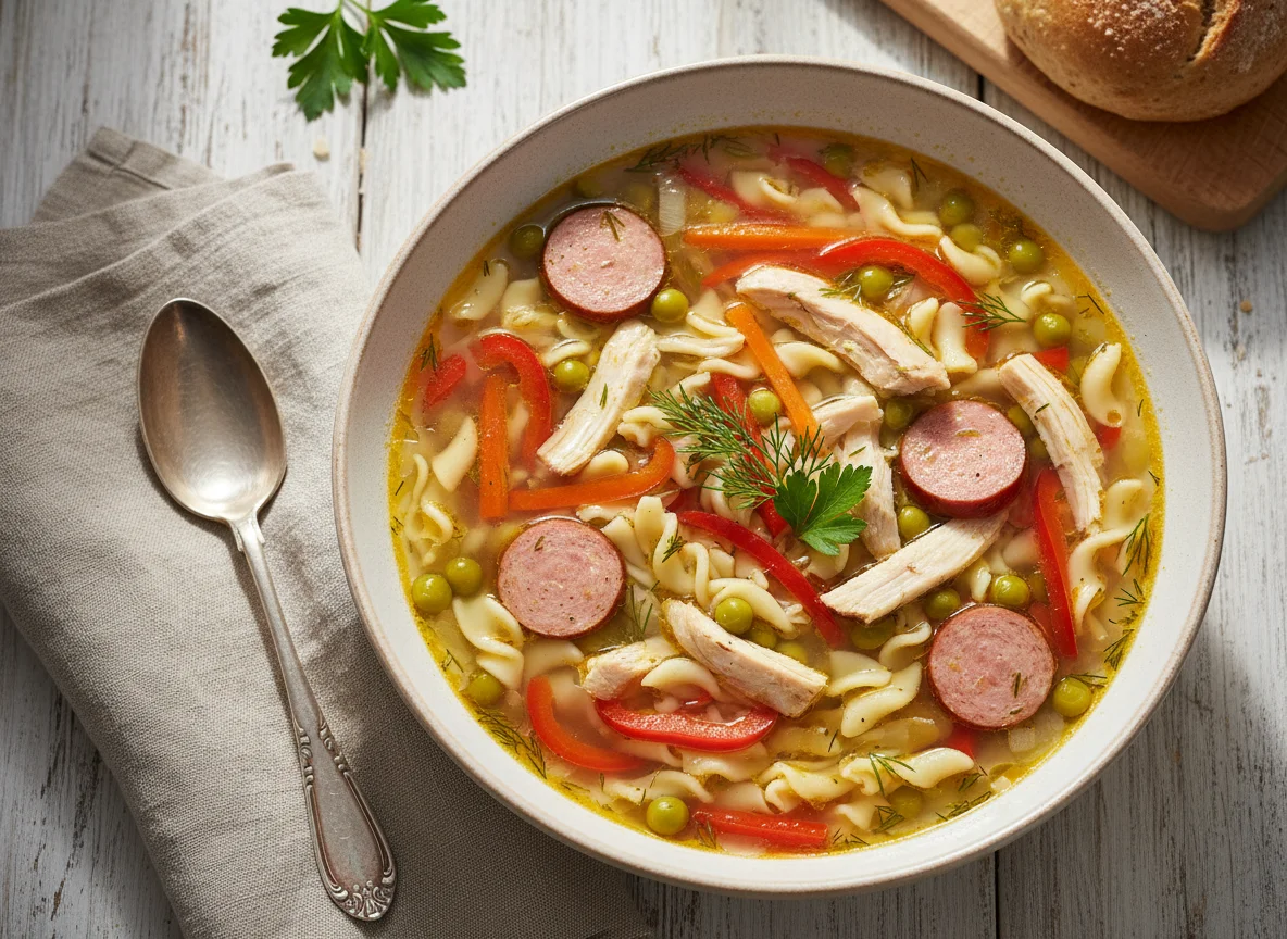 Суп с курицей, колбасой, горошком и лапшой photo