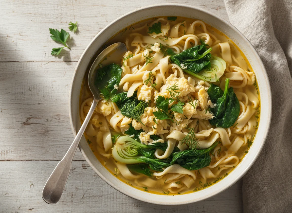 Суп с лапшой, яйцом и зеленью photo