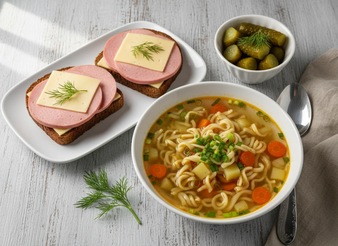 Суп с лапшой, бутерброды с колбасой и сыром, маринованные огурцы photo