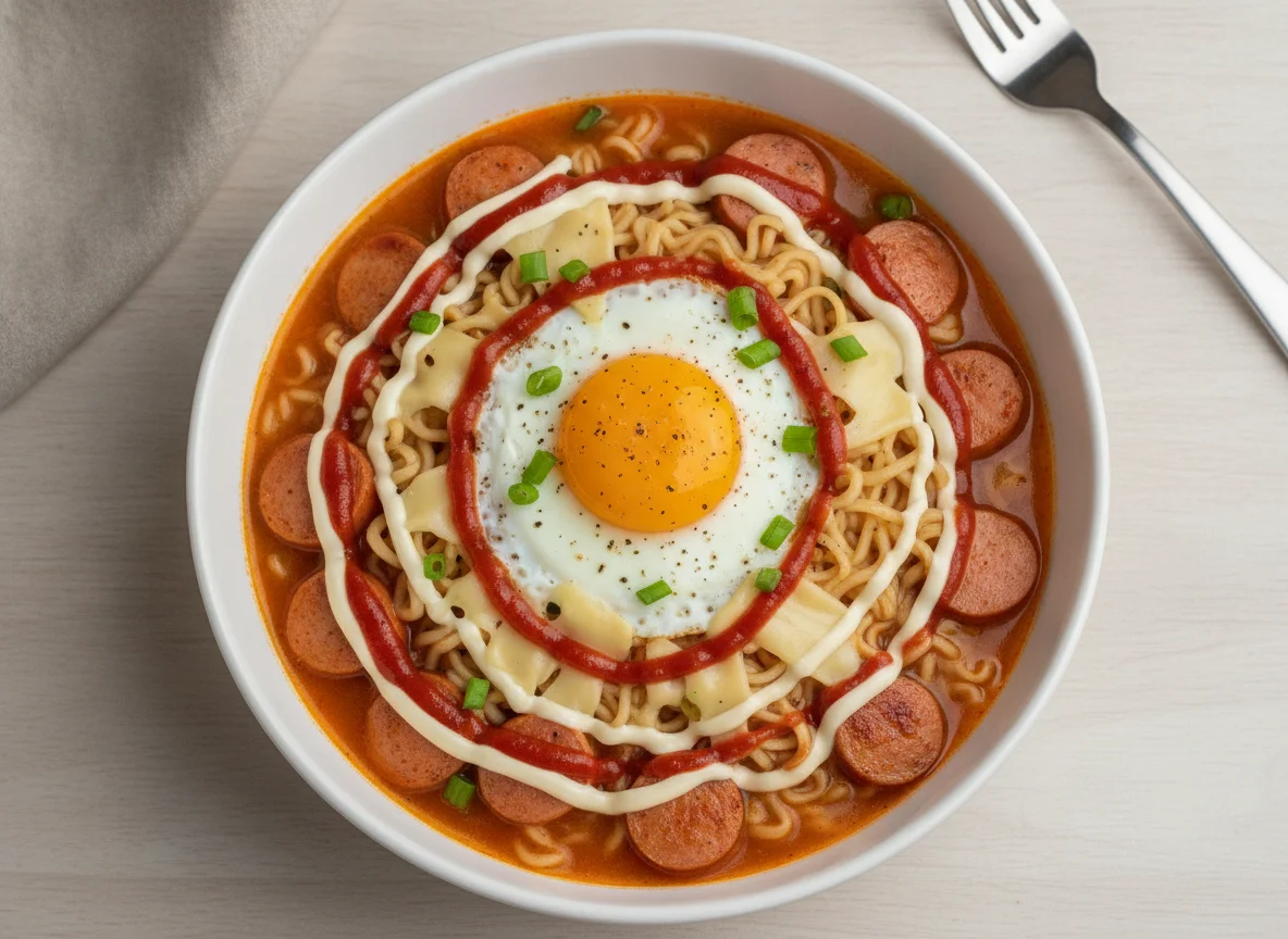 Суп с лапшой быстрого приготовления, сосисками, яйцом, сыром и соусами photo