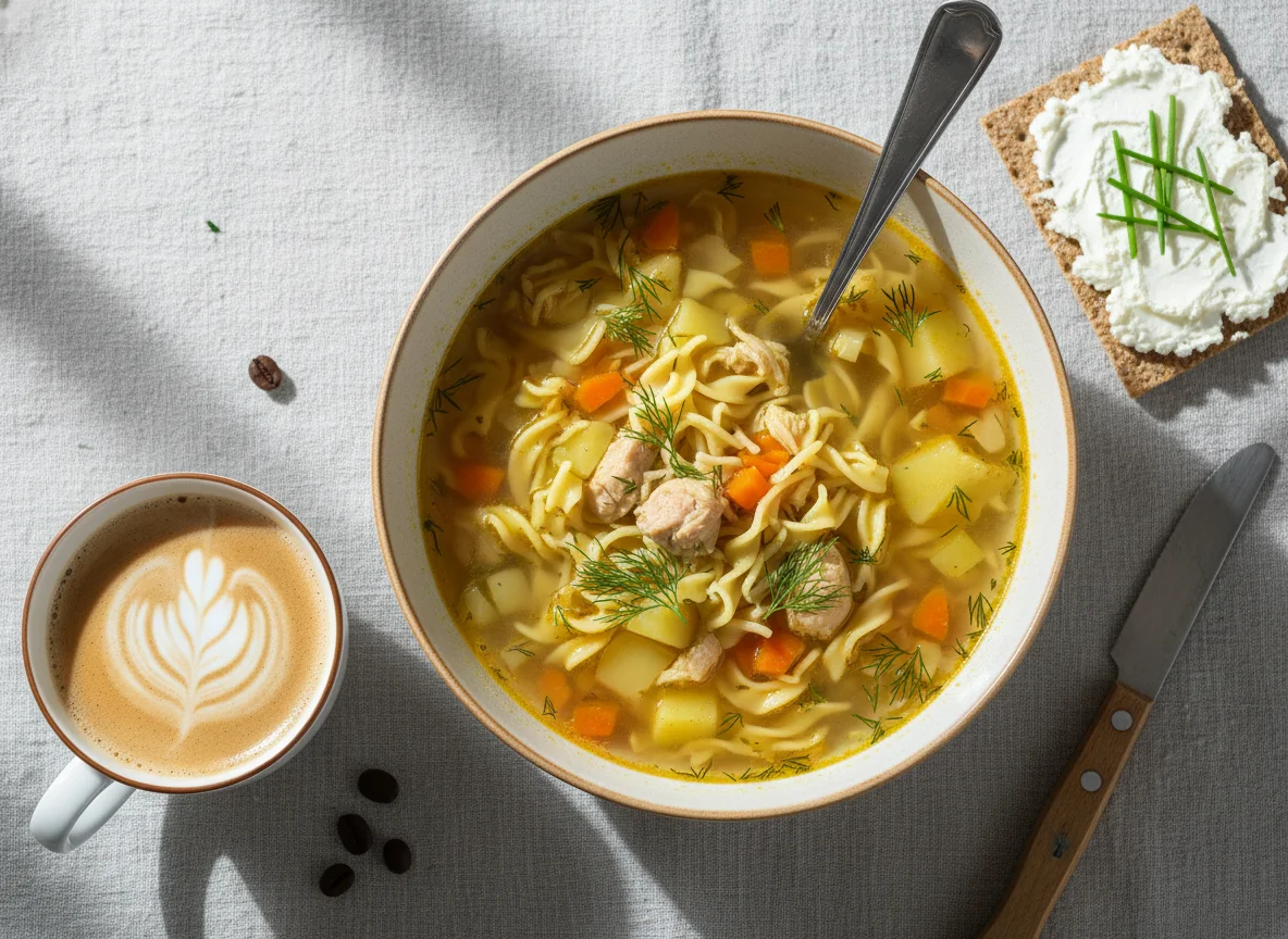 Суп с лапшой, хлебец с сыром и кофе с молоком photo