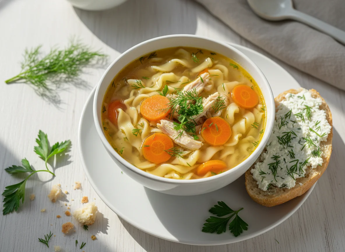 Суп с лапшой и багет с творожным сыром photo