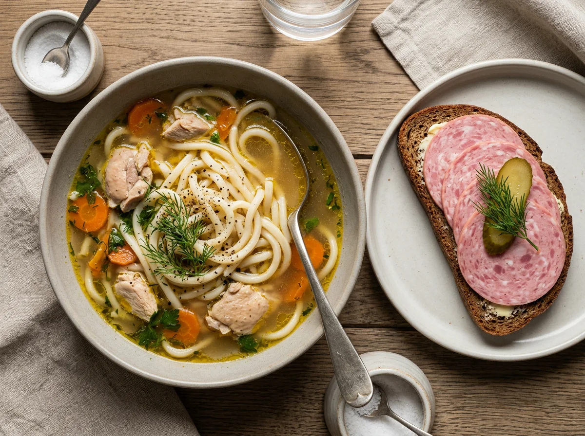 Суп с лапшой и бутерброд с колбасой photo