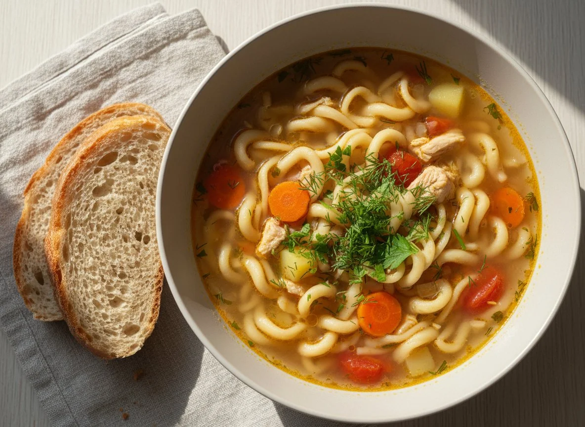 Суп с лапшой и хлебом photo