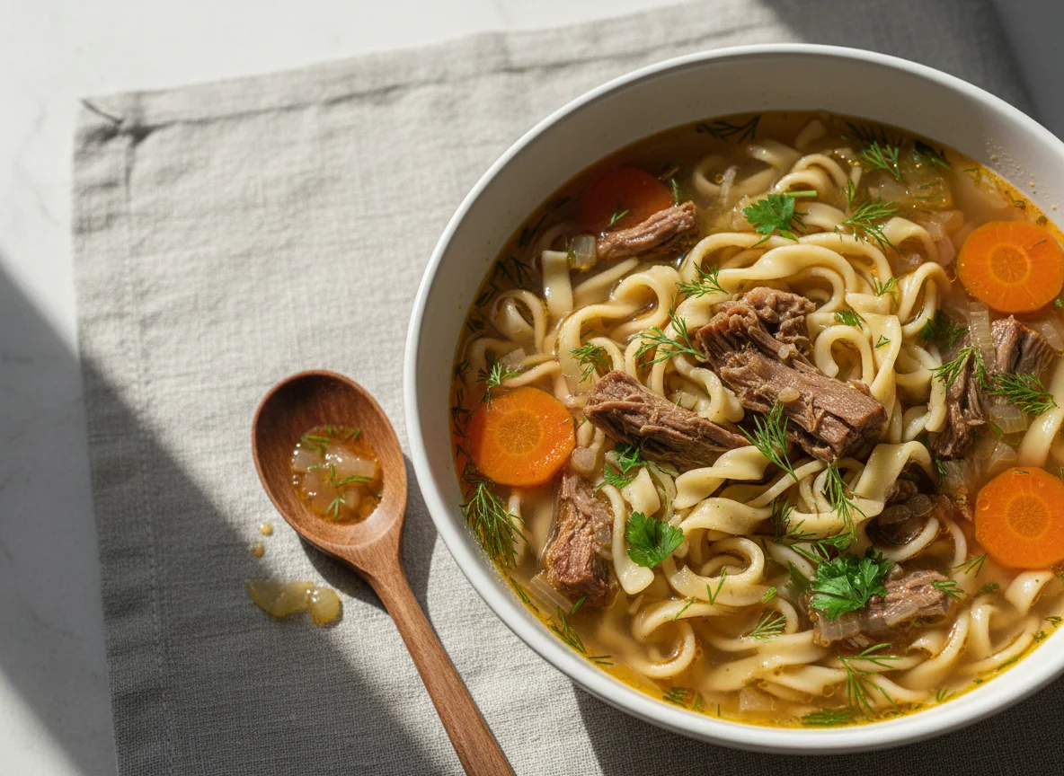 Суп с лапшой и мясом photo