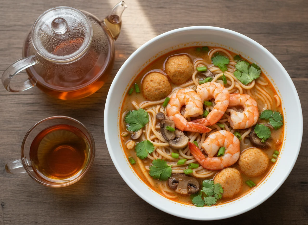 Суп с лапшой и морепродуктами photo