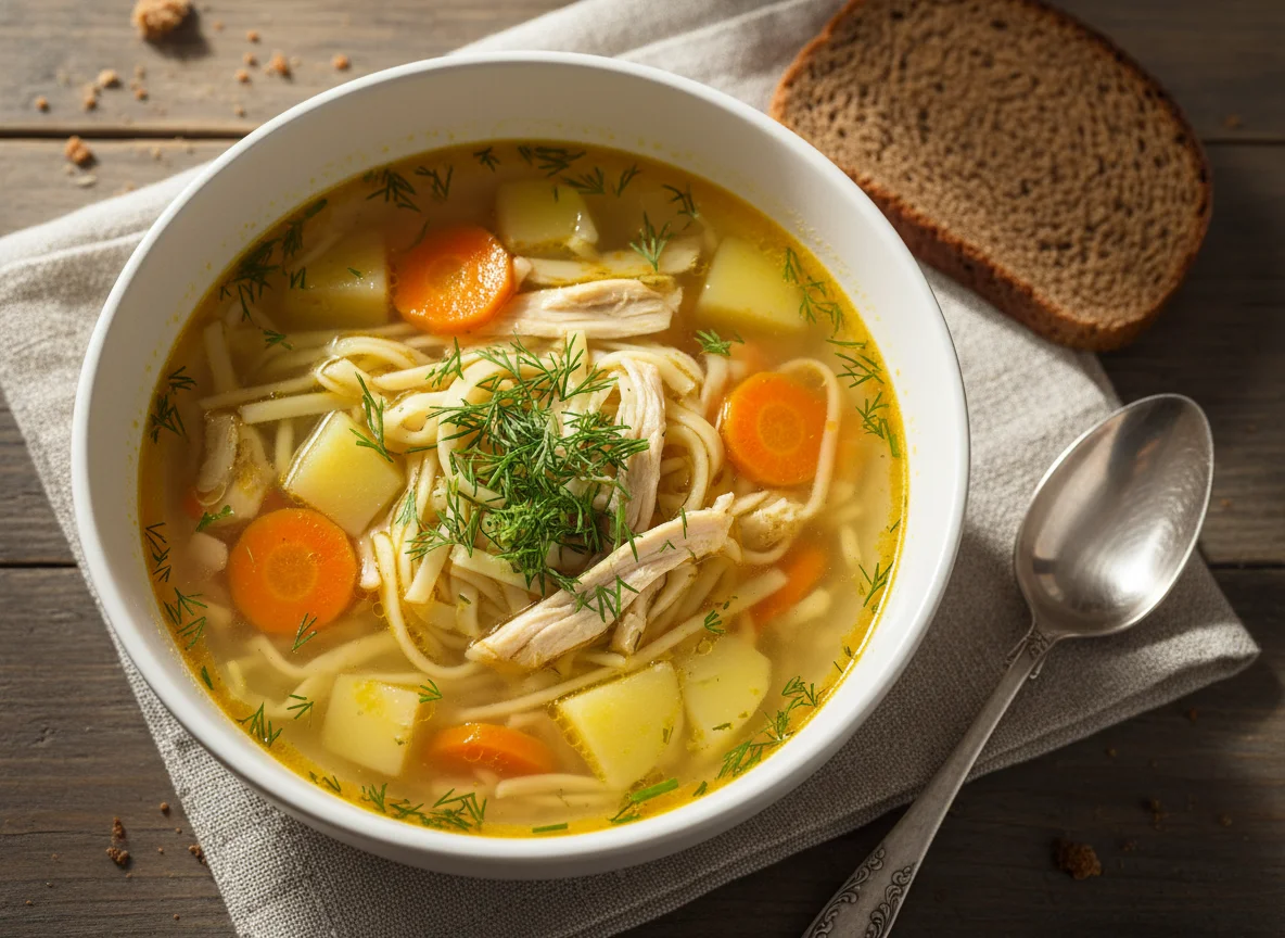 Суп с лапшой и овощами с кусочком черного хлеба photo