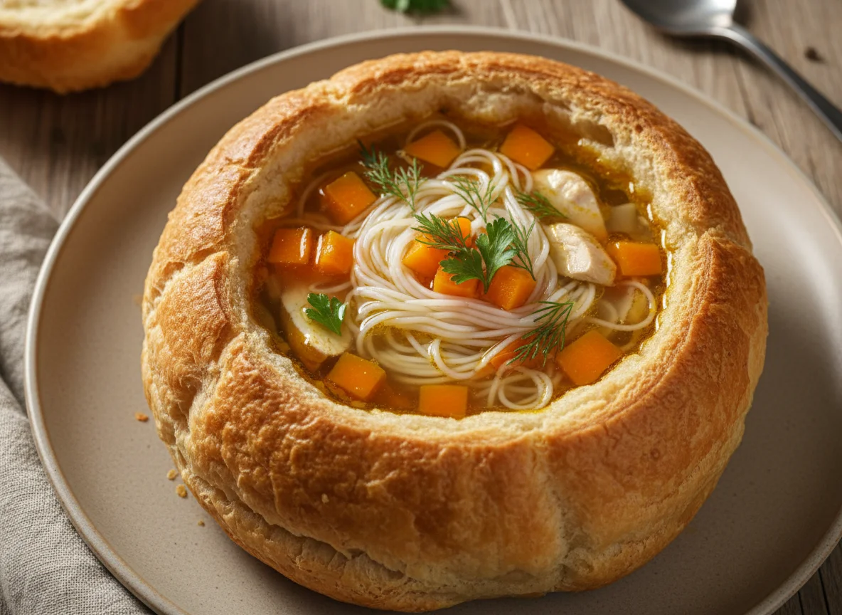Суп с лапшой и овощами в хлебной корзинке photo