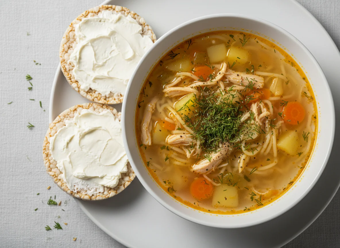 Суп с лапшой и рисовые хлебцы со сливочным сыром photo