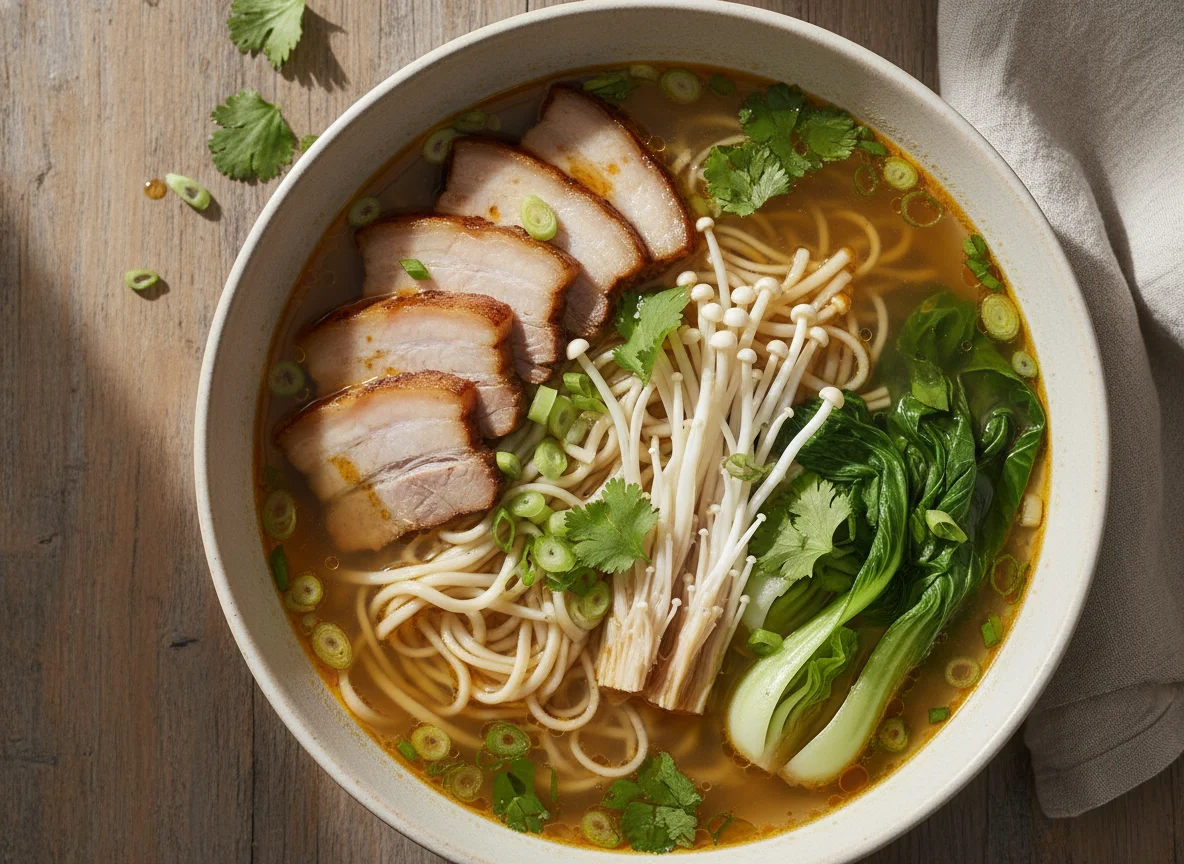 Суп с лапшой, свининой и овощами photo