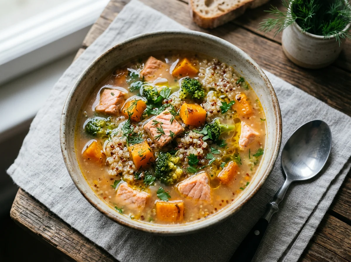 Суп с лососем, тыквой, брокколи и киноа photo