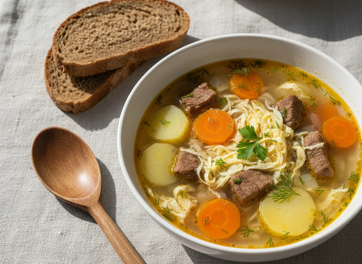 Суп с мясом и яйцом photo