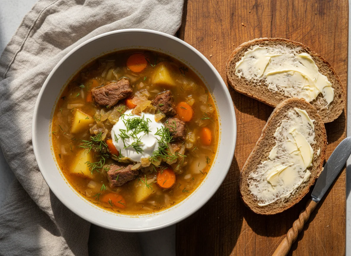 Суп с мясом и хлеб с маслом photo