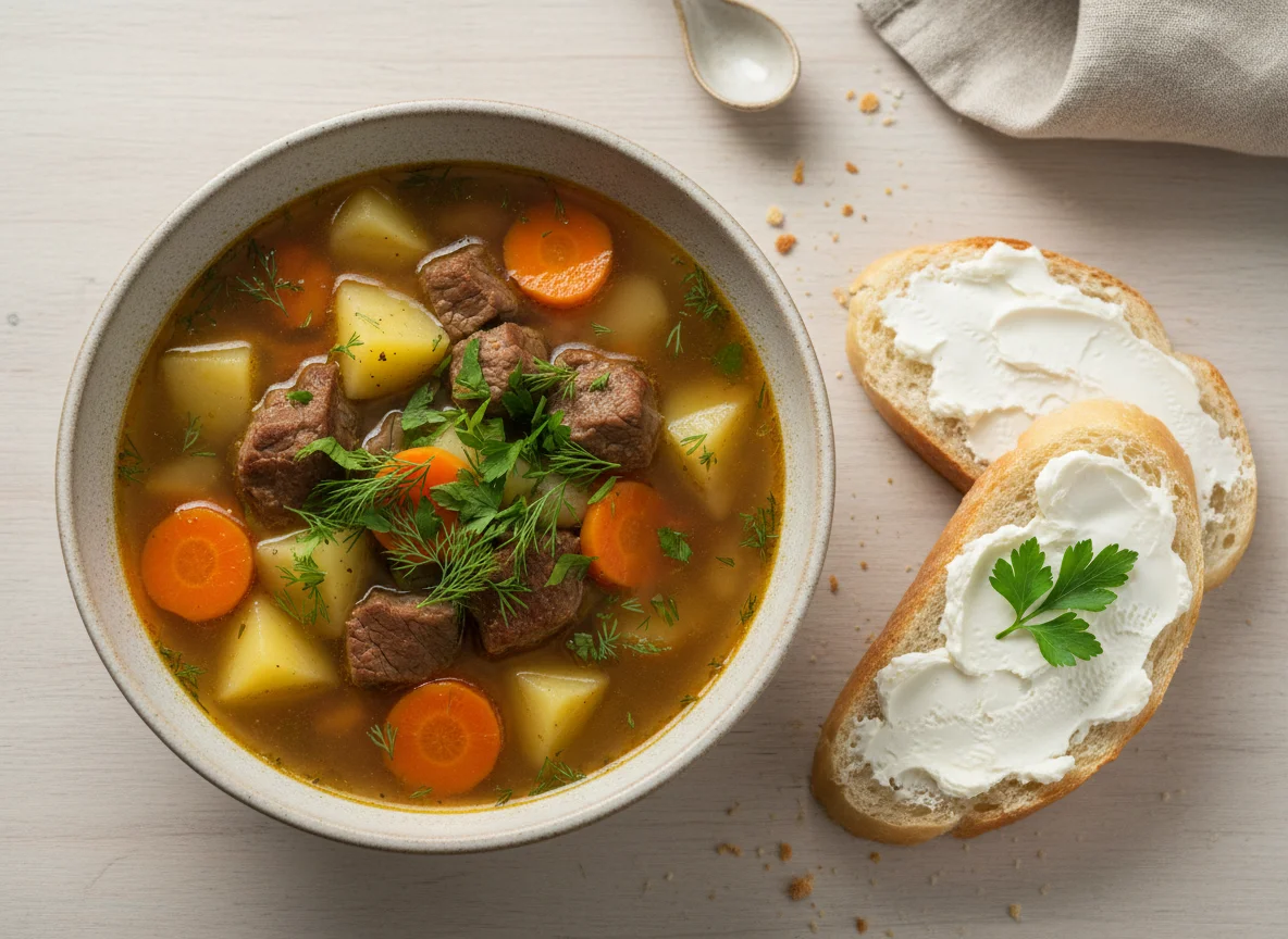 Суп с мясом и хлеб с сыром photo