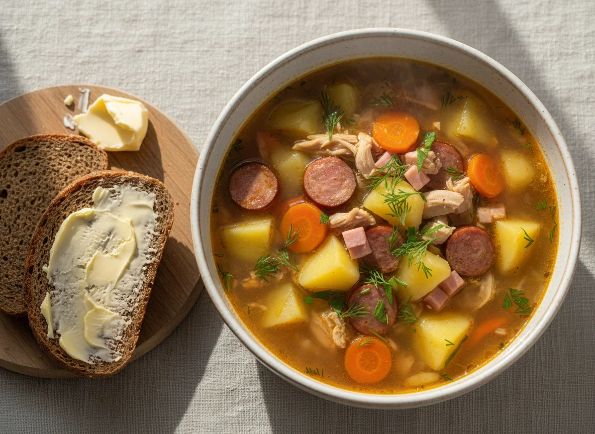 Суп с мясом и картофелем, хлеб с маслом photo