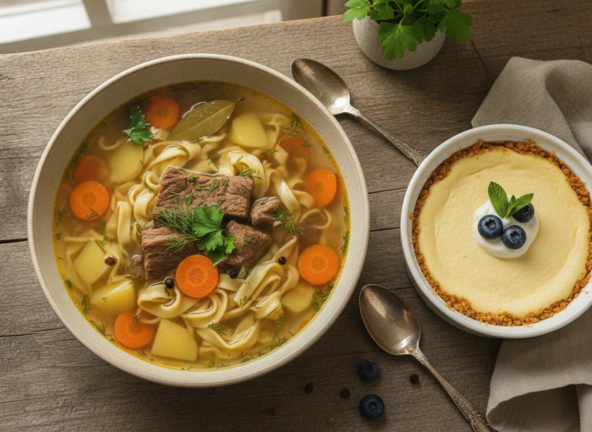 Суп с мясом и лапшой, и творожный десерт photo
