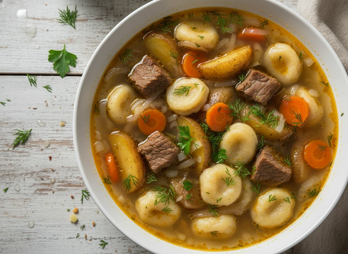 Суп с мясом, картофелем и галушками photo