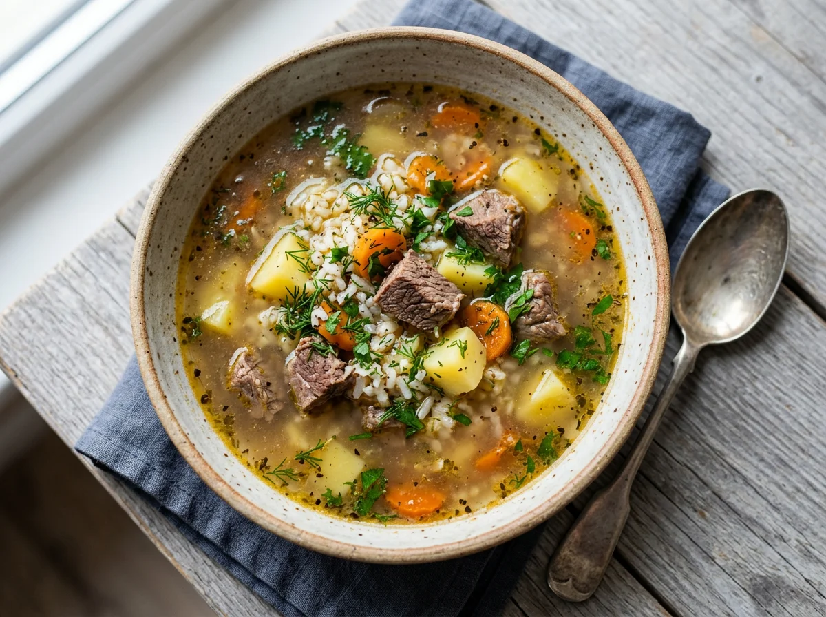 Суп с мясом, картофелем и рисом photo