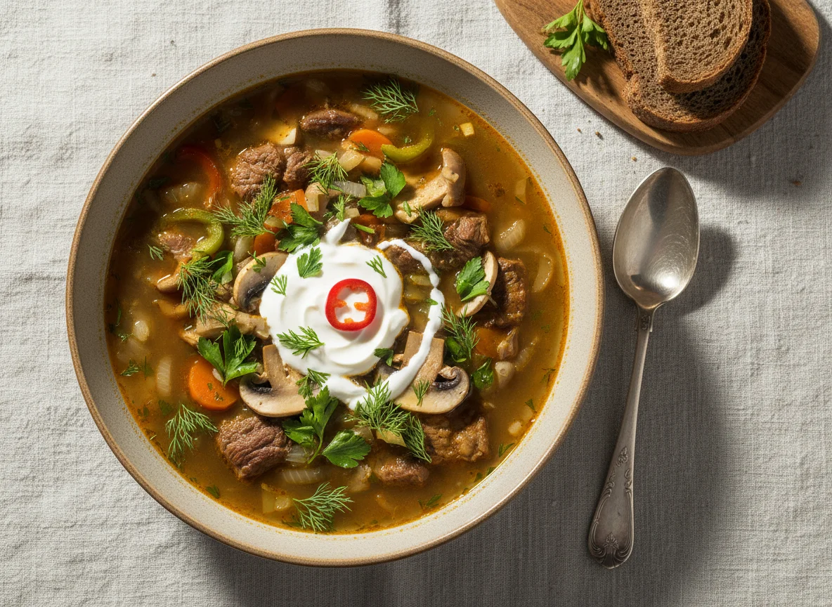 Суп с мясом, овощами и грибами photo